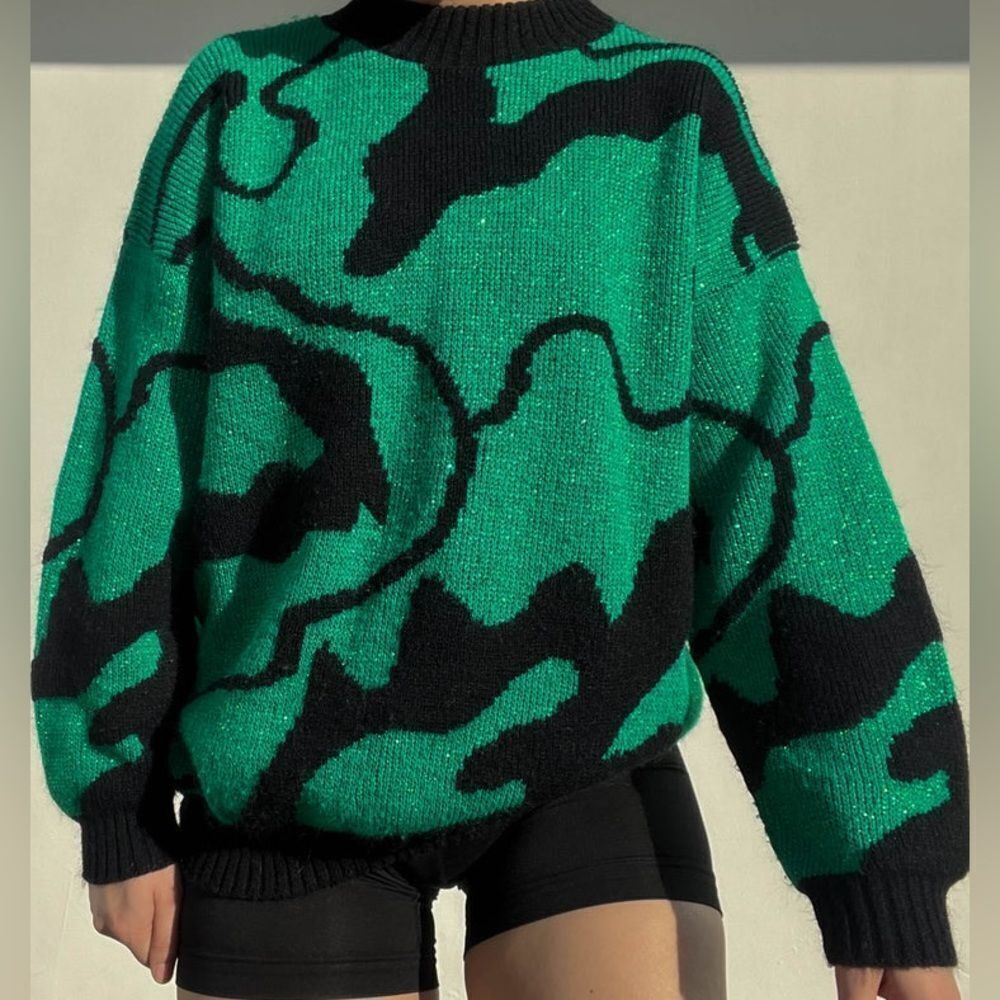 Emerald and Black Crew Neck Sweater with Abstract Design No Size Tag Approxi, M